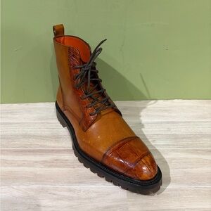Fennix Italy combat boot calf/alligator cognac cap toe 10